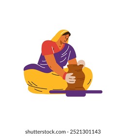 Ilustración vectorial de una mujer india con ropa tradicional haciendo una olla de barro. El personaje se dedica a la cerámica. Trabajadoras indias, alfareras. Estilo plano de la historieta. Fondo aislado.