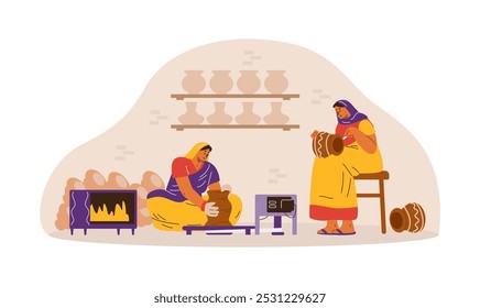 Vector illustration of an Indian woman in traditional sari and shawl, engaged in pottery and painting. Clay vases and pottery equipment for creative crafts.