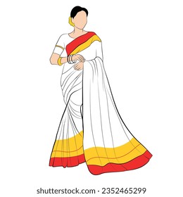 Vector illustration of Indian woman, A woman wearing saree drawing, Outline art of a tall lady