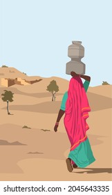 Vector illustration of Indian woman,walks with water pots on her head in a desert.