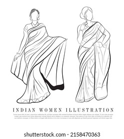 Vector illustration of Indian women, Two beautiful lady line art, Outline drawing of cultural dress of India