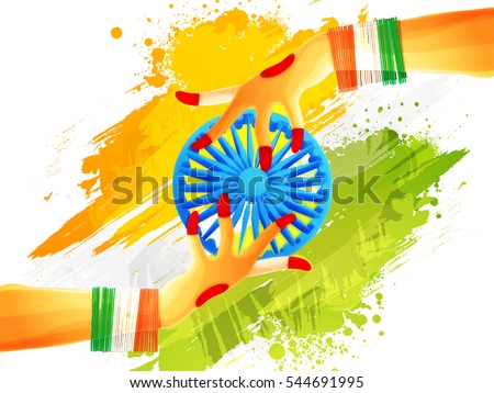 Vector illustration of Indian Women's hands protecting Ashoka Wheel on abstract Tricolours Background for Republic Day celebration.
