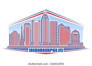Vector illustration of Indianapolis, horizontal badge with linear design famous indianapolis city scape on day sky background, red urban line art concept with unique letters for blue text indianapolis