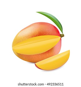 Vector illustration indica mango in realistic style. Yellow-red-orange mango with cut slice on white background.