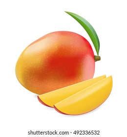 Vector illustration indica mango in realistic style  Whole   two slice yellow  red  orange mango white background 