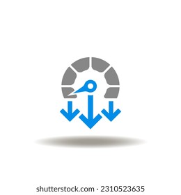 Vector illustration of indicator with arrows down. Icon of reduce meter. Symbol of level reduction. Sign of measure, performance, control.