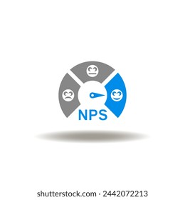 Vector illustration of indicator, meter, speedometer with smile, indifference, sad faces. Icon of NPS Net Promoter Score.