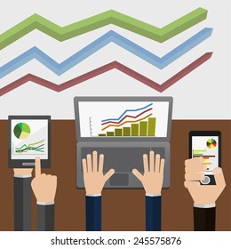 Vector illustration, indicators and statistics, which is displayed on a laptop , tablet and phone