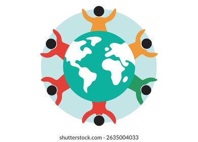 Vector illustration of indigenous people forming a circle around Earth, holding hands to symbolize unity, diversity, and ancestral connection to land. Modern flat style on a clean white background.