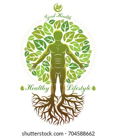 Vector illustration of individual, mystic character composed with tree roots and leaves. Vegetarian lifestyle concept.