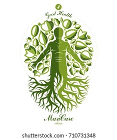 Vector illustration of individual, mystic character composed with tree roots and leaves. Vegetarian lifestyle concept.