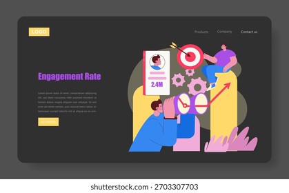 Vector illustration of individuals analyzing engagement rates using a target and graph. One person uses binoculars, while another interacts with gears and graphs, symbolizing data analysis.