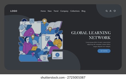 Ilustração vetorial de indivíduos que colaboram on-line em uma plataforma de aprendizagem global. Apresenta livros, laptops e ícones digitais, enfatizando a educação on-line e a conectividade.