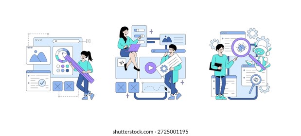 Ilustración vectorial de personas que participan en tareas de desarrollo del Web. Las escenas incluyen el diseño, la codificación y la implementación de características. Ideal para mostrar la creatividad en el trabajo digital.