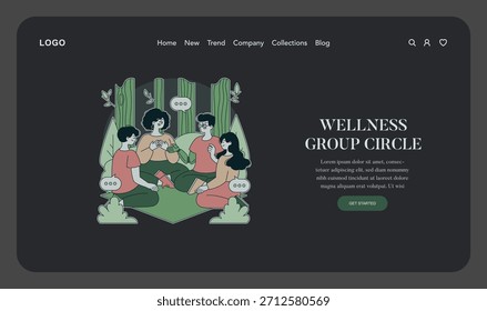 Vector illustration of individuals sitting in a circle, meditating and connecting in a wellness group setting. The image emphasizes harmony and mindfulness in a serene environment.