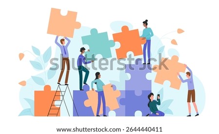 Vector illustration of individuals working together to solve a puzzle, emphasizing cooperation, collaboration, and shared goals in achieving collective success.