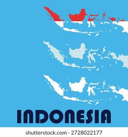 Vektorgrafik der Indonesien-Karte mit roten und weißen Flaggenfarben, gepunkteten Details auf blauem Hintergrund, ideal für Reise- und Geoprojekte.