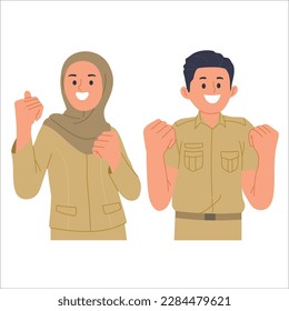 
vector illustration of Indonesian civil servant clenching both fists up as a metaphor for success