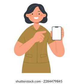 vector illustration of Indonesian civil servant posing with smart phone or tablet