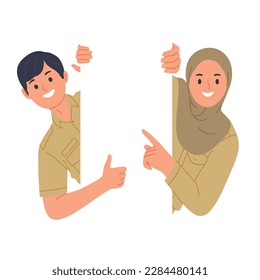 vector illustration of Indonesian civil servant greeting from behind a door or wall