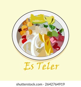 Vector illustration of Indonesian dessert es teler served in a bowl. A sweet mix of tropical fruits, avocado, jackfruit, coconut, and shaved ice with creamy syrup.