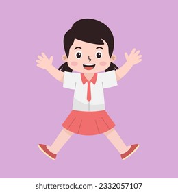 Vector Illustration of Indonesian Elementary School Cute Girl in White and Red Uniform. Kid Cartoon Concept in Flat Style.