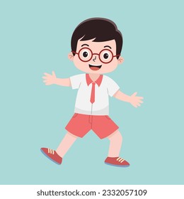Vector Illustration of Indonesian Elementary School Cute Little Boy in White and Red Uniform. Kid Cartoon Concept in Flat Style.