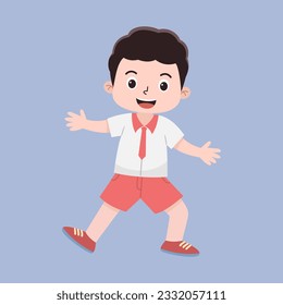 Vector Illustration of Indonesian Elementary School Cute Little Boy in White and Red Uniform. Kid Cartoon Concept in Flat Style.
