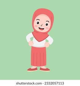 Vector Illustration of Indonesian Elementary School Cute Little Muslim Girl in White and Red Uniform. Kid Cartoon Concept in Flat Style.