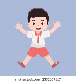 Vector Illustration of Indonesian Elementary School Cute Little Boy in White and Red Uniform. Kid Cartoon Concept in Flat Style.