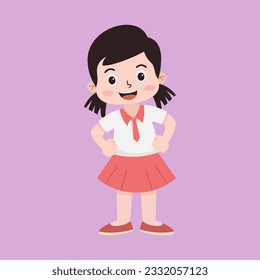 Ilustración vectorial de la Escuela Primaria indonesia con uniforme blanco y rojo. Concepto de caricatura infantil en estilo plano.