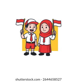 Vector illustration of Indonesian elementary school boy and girl celebrating Independence Day. Cute cartoon students wearing red and white school uniforms, holding Indonesian flags with happy expressi