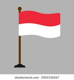 Vector illustration of Indonesian flag flying in waves with pole isolated editable and scalable eps file. For icons, banners, emblems, posters etc. Cartoon flat solid color