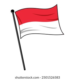 Vector illustration of Indonesian flag flying in waves with pole isolated editable and scalable eps file. For icons, banners, emblems, posters etc. Cartoon flat solid color