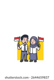 Vector illustration of Indonesian high school students, a boy and a girl wearing school uniforms and waving national flags. Cartoon flat design style with a yellow background. Celebrating Indonesia In