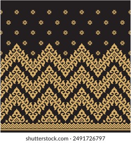 Vector illustration of Indonesian Riau Malay songket woven fabric motif, siku awan motif, black background. Suitable for fabric motifs, batik, backgrounds, decorations, etc.