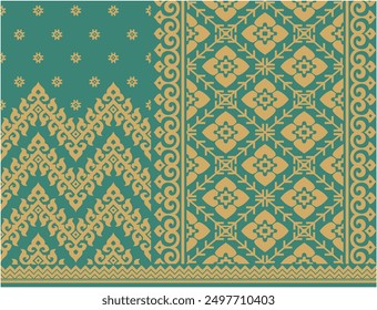 Vector illustration of Indonesian Riau Malay songket woven fabric motif, green background. Suitable for fabric motifs, batik, backgrounds, decorations, etc