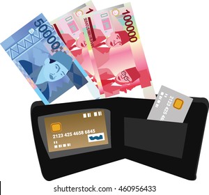 vector illustration of indonesian rupiah and credit cards on the wallet (fifty thousand rupiah and one hundred thousand rupiah) . white background