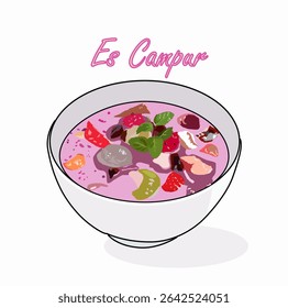 Vector illustration of Indonesian shaved ice dessert, es campur, served in a white bowl with vibrant pink syrup. Colorful mix of sweet toppings in a refreshing summer treat.
