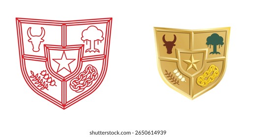 Vector illustration of Indonesia's five principle or called Pancasila. With bull head, bayan tree, star, gold chain, rice, and cotton icon symbol inside an golden shield armor