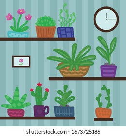 vector illustration, indoor plants in pots on shelves in the room, primitive simple drawings