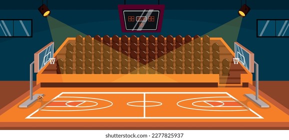 Vector illustration of an indoor stadium for basketball games in cartoon style. The hall is well lit with floodlights, a modern scoreboard,