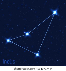 Vector illustration of Indus constellation. Astronomical Indian. Cluster of realistic stars in the dark blue starry sky.