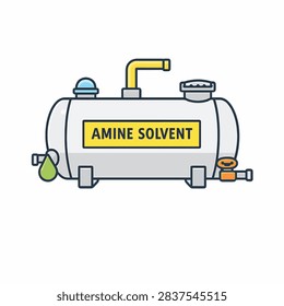 Vector illustration of an industrial amine solvent storage tank with pipes and valves.