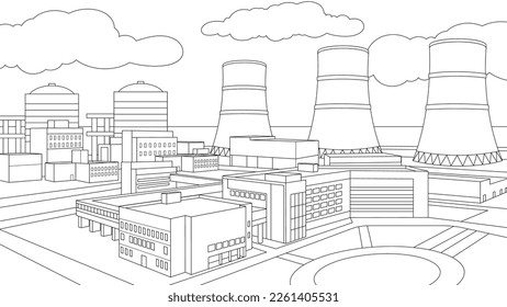 Vector illustration, industrial building constructions, factory, coloring book.