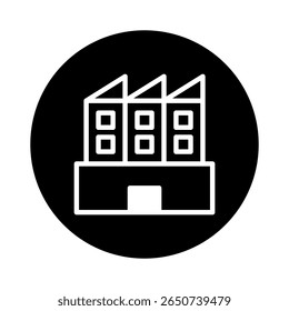 Vector illustration of an industrial building outline design on a black circular background