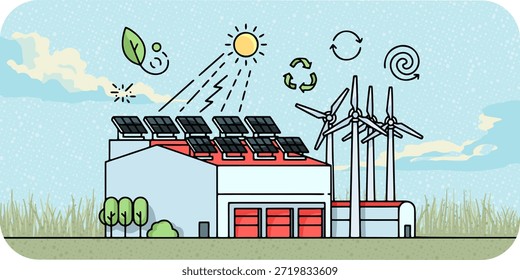 Vector illustration of an industrial building powered by solar panels and wind turbines, symbolizing renewable energy solutions.