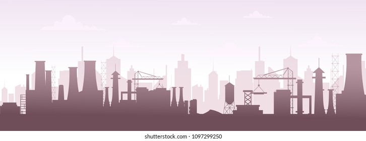 Vector illustration of industrial buildings silhouette skyline. Modern city landscape, factory pollution in flat style.