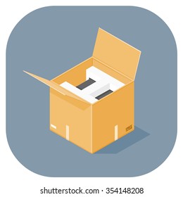 A vector illustration of an industrial cardboard box.
Isometric cardboard box with new goods icon illustration.
Packaged goods for delivery.