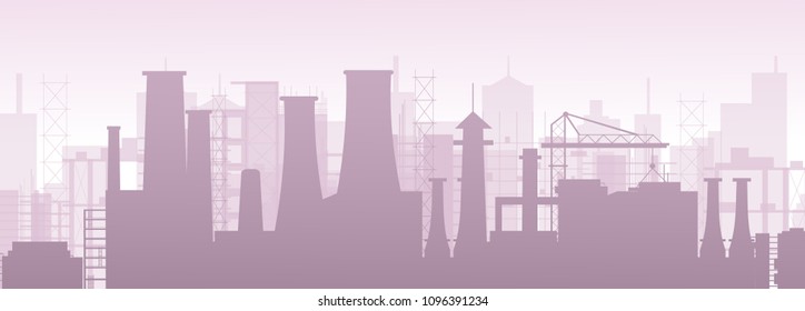 Vector illustration of industrial chemical petrochemical oil and gas refinery plant. Factory pollution landscape.